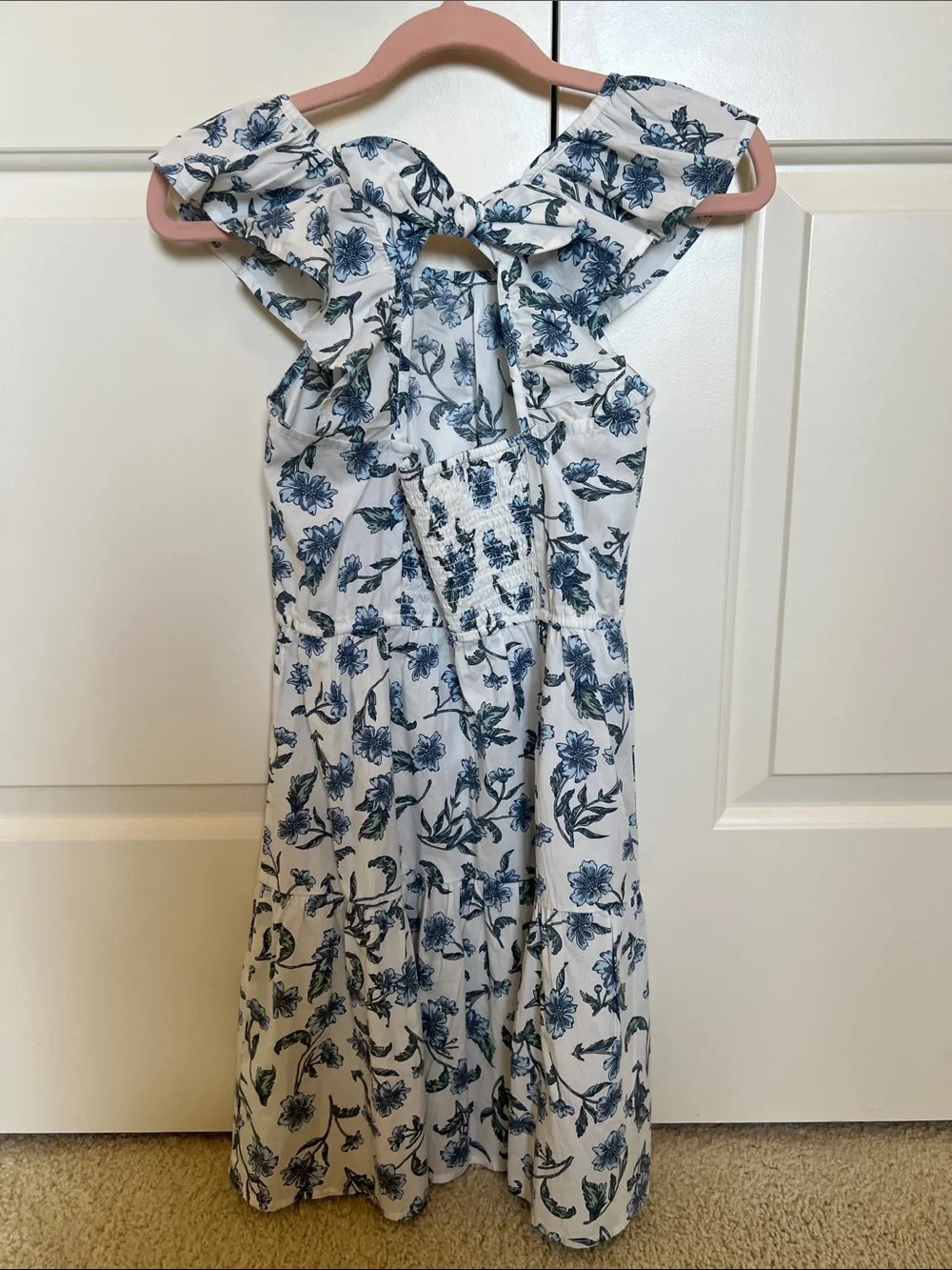 Crewcuts White Dress with Blue Floral Print and Ruffle Sleeves